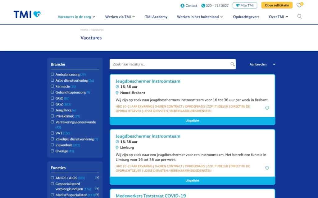 Vacature overzichtspagina design van de nieuwe website die Sturdy Digital ontwikkelde voor TMI.