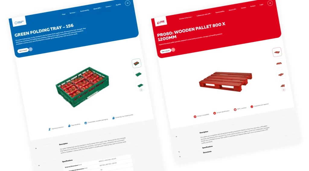 Twee webpagina;s van Euro Pool met daarop producten.
