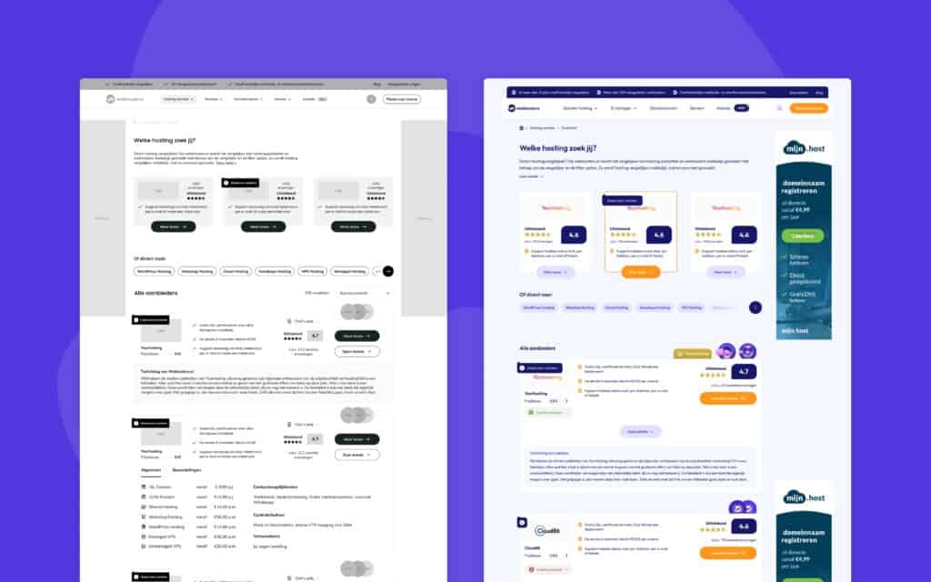 Toplijst screenshots van een wireframe en design voor Webhosters.nl