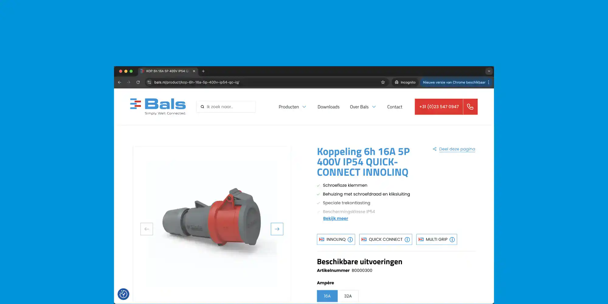 Een wireframe van een productpagina van de website van Bals.