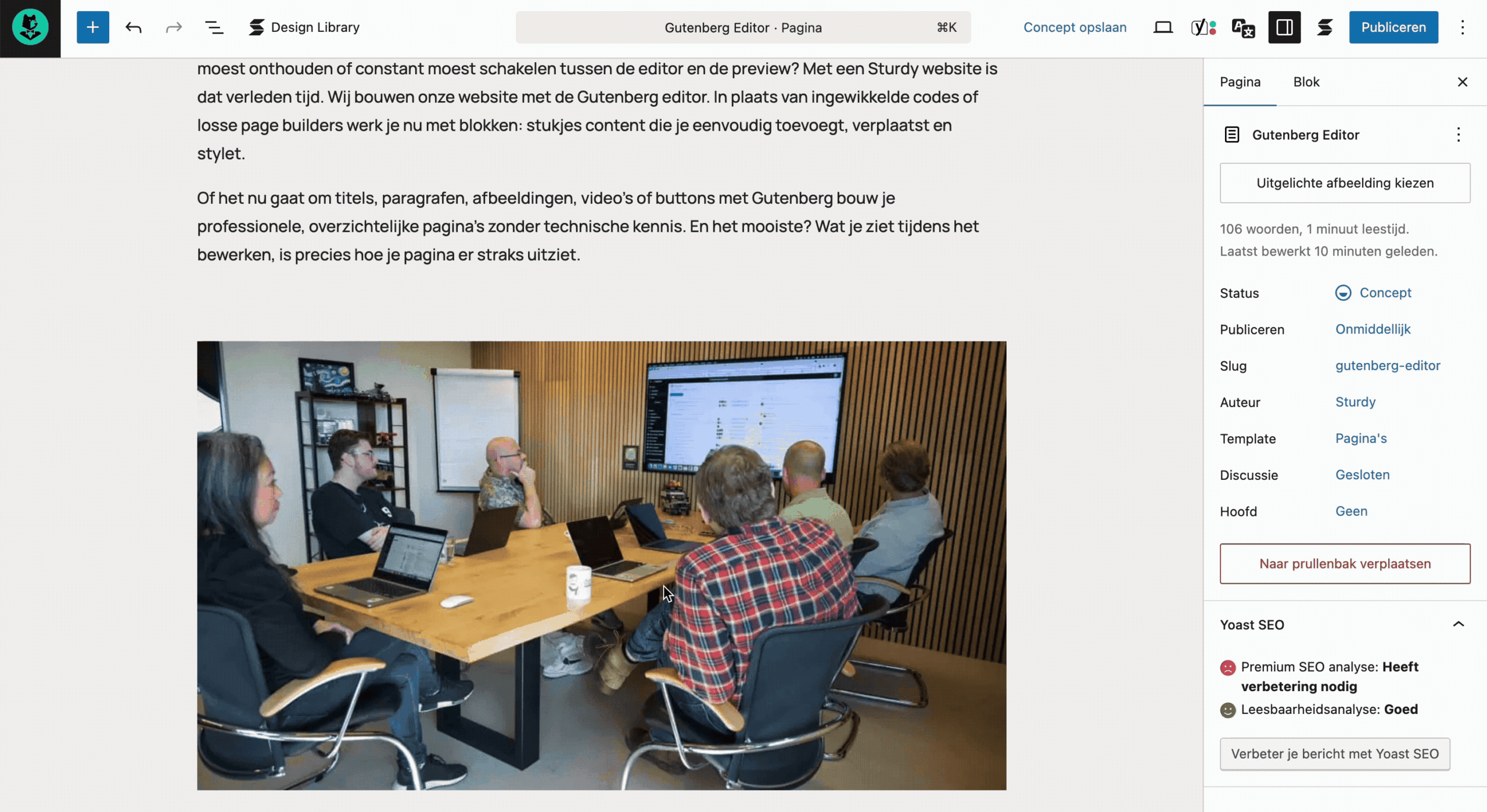 In de Gutenberg editor kun je makkelijk een afbeelding verslepen tussen andere contentblokken.