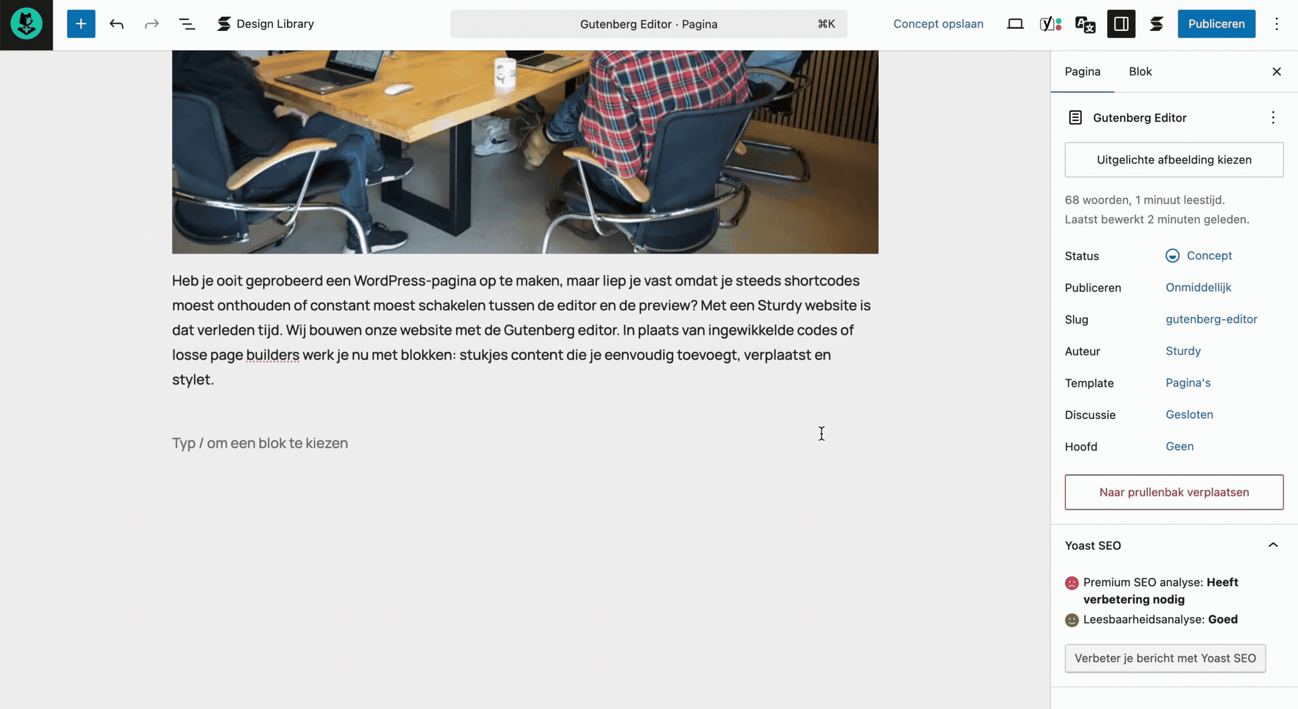 In de Gutenberg editor kun je eenvoudig een afbeelding toevoegen aan een pagina.