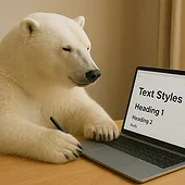 Alt tekst: Slapende ijsbeer die een laptop bedient met tekststijlopties voor effectieve digitale marketing.