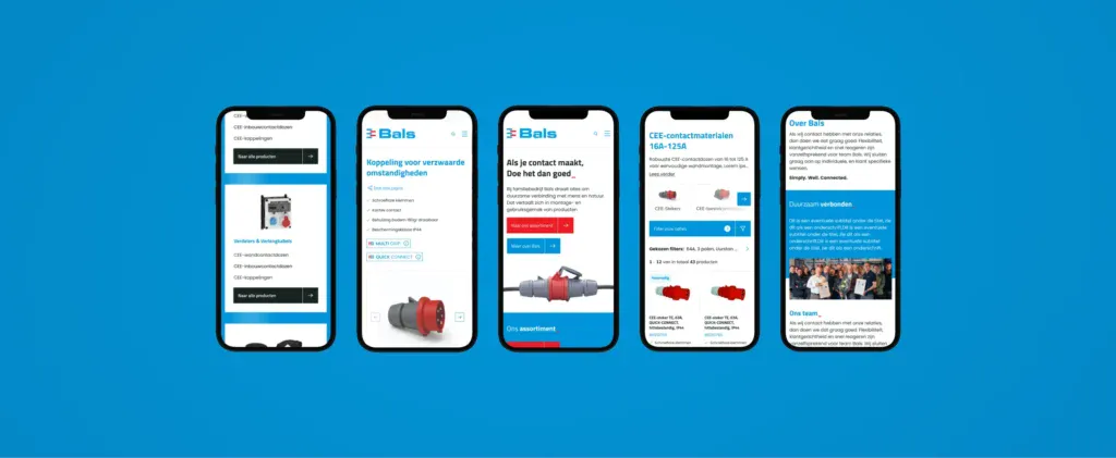 Vijf mobiele schermen van de website van Bals Nederland.