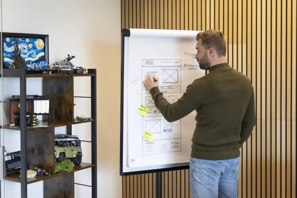 Designer presenteert en tekent wireframes op een grote flip over board.